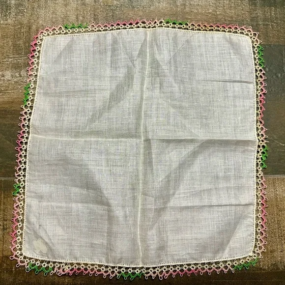 Vintage Linen Handkerchief w/ Pink & Green Lace Trim – 15” - Picture 1 of 6